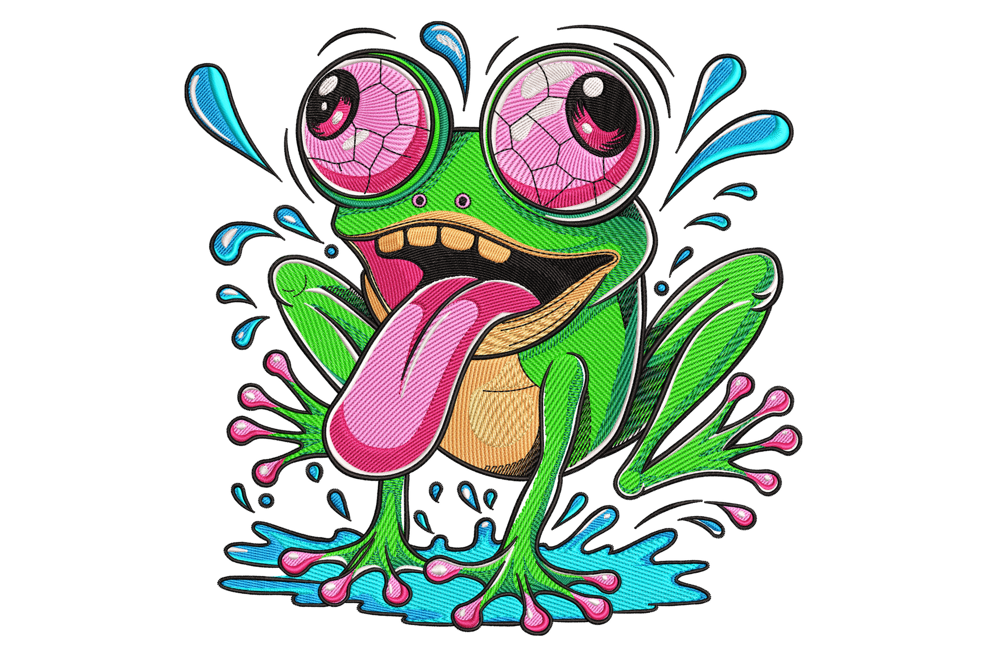 Crazy frog big eyes embroidery on pastel green tee, bulging amber eyes, emerald body, cream belly, 10 colours