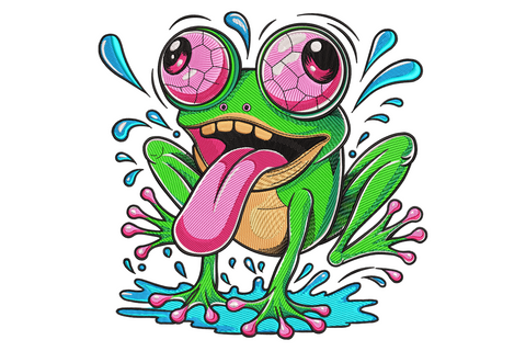 Crazy frog big eyes embroidery on pastel green tee, bulging amber eyes, emerald body, cream belly, 10 colours