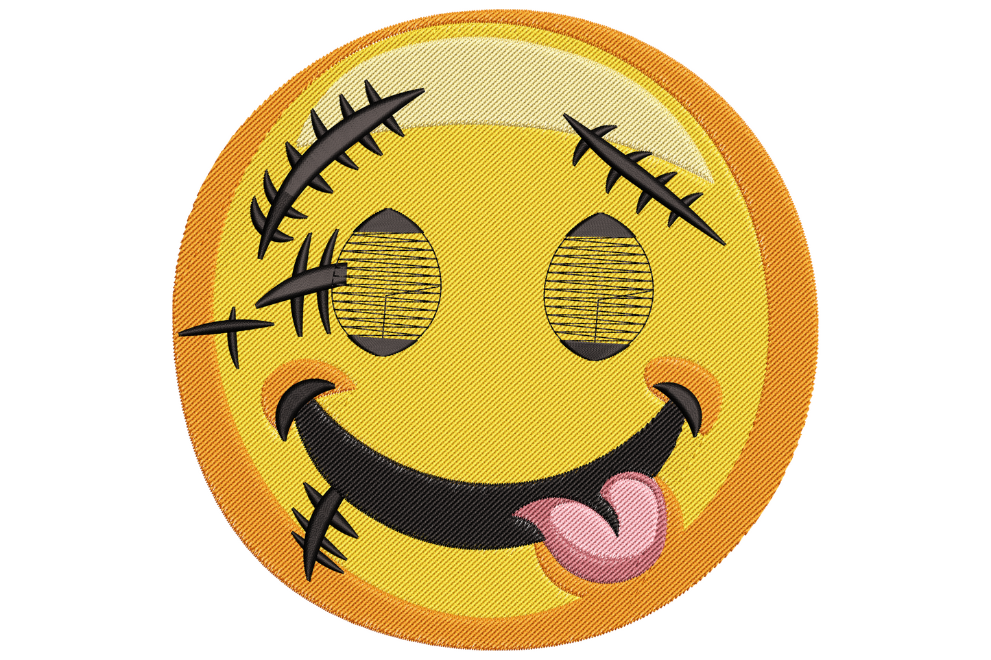 Round yellow smiley emoji embroidery with black stitched scar marks, woozy half-shut eyes and a pink tongue lolling out one side.