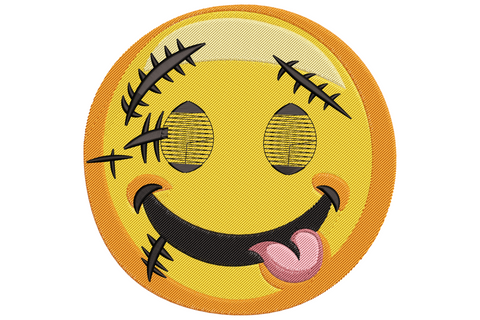 Round yellow smiley emoji embroidery with black stitched scar marks, woozy half-shut eyes and a pink tongue lolling out one side.