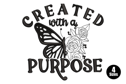 Created with a Purpose embroidery design, bold arched lettering with satin monarch butterfly wing and outline roses, black, 4 sizes