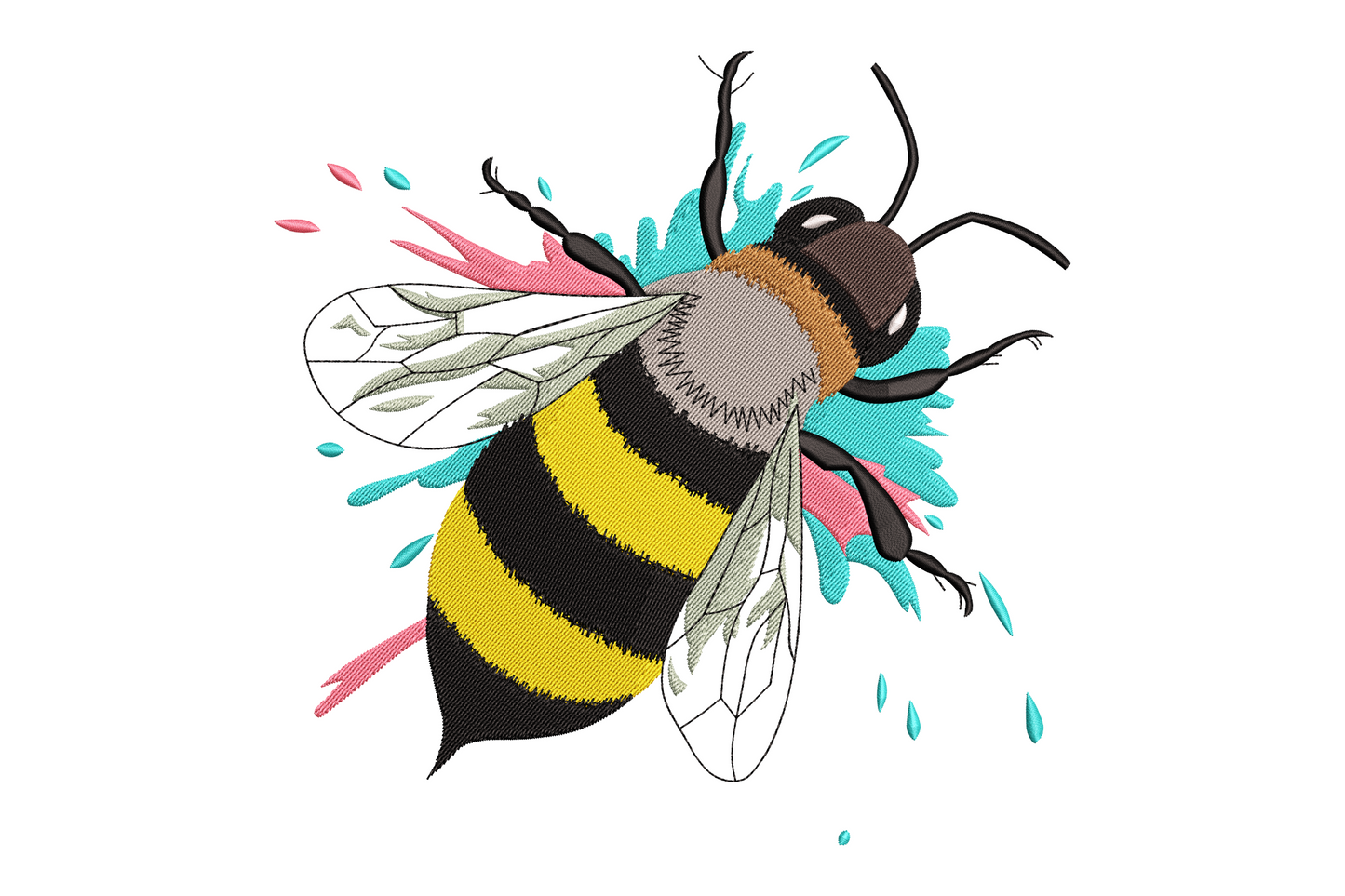Creative bumblebee embroidery design top-down view, yellow black body, aqua pink splash, triangle overlay, 9 colors, 8 sizes