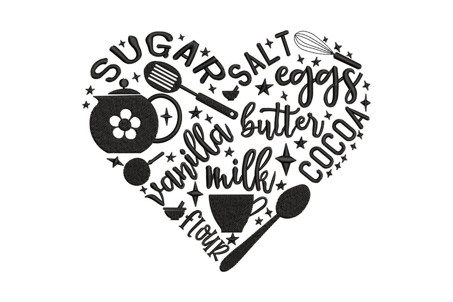 Single-color heart-shaped word art embroidery with baking ingredients and utensil icons, whisk, teapot, spoon, in a dense typography silhouette