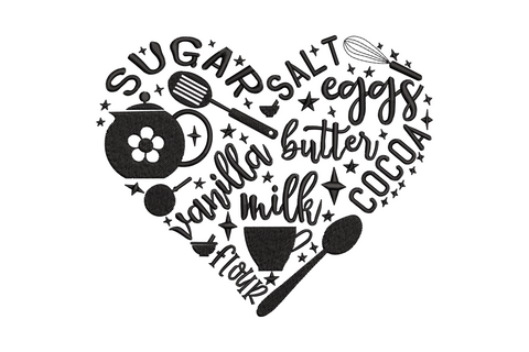 Single-color heart-shaped word art embroidery with baking ingredients and utensil icons, whisk, teapot, spoon, in a dense typography silhouette