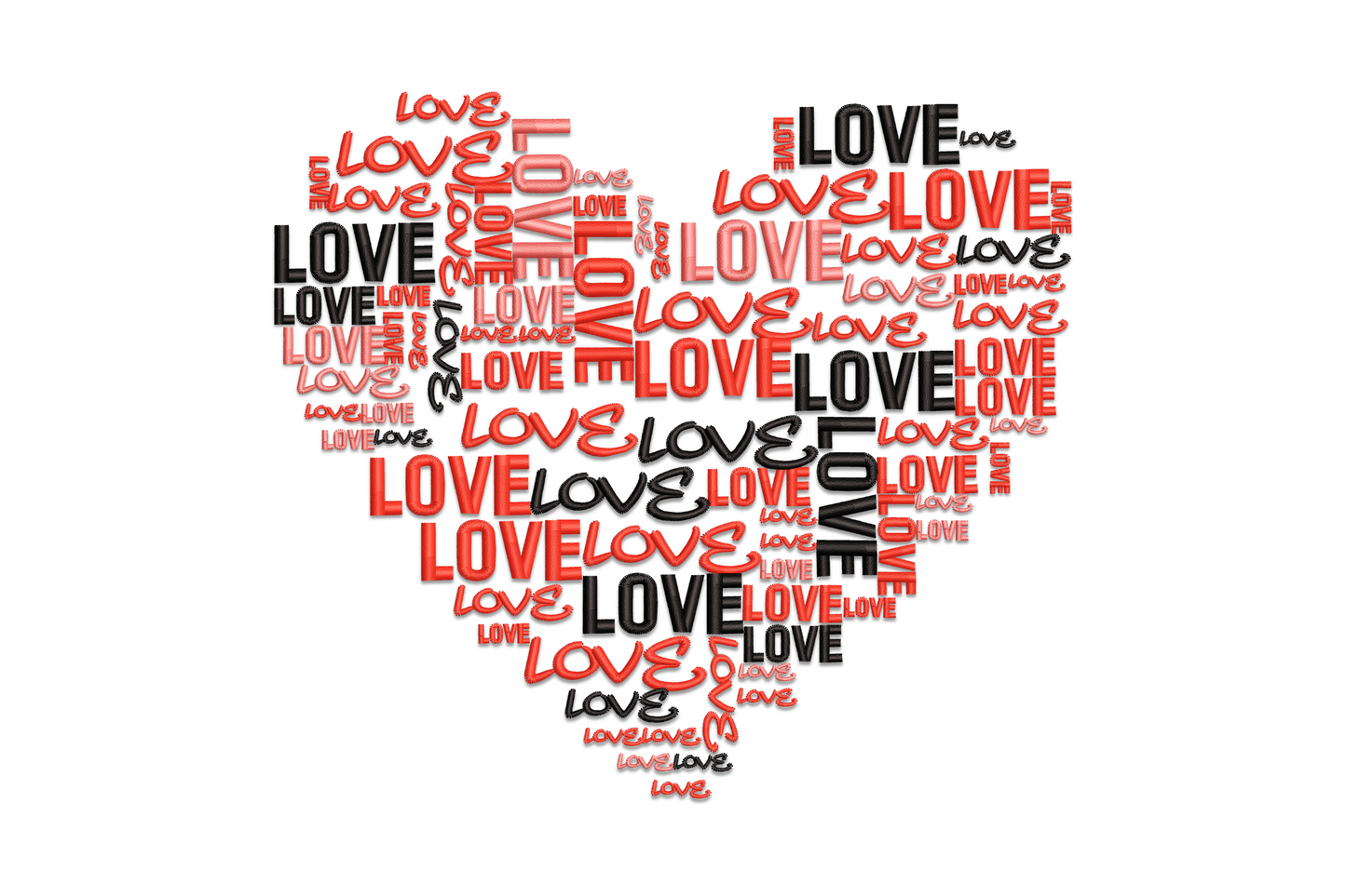 Creative heart embroidery built from LOVE in red and black at varying sizes, typographic word-cloud design, 8.51 inch.