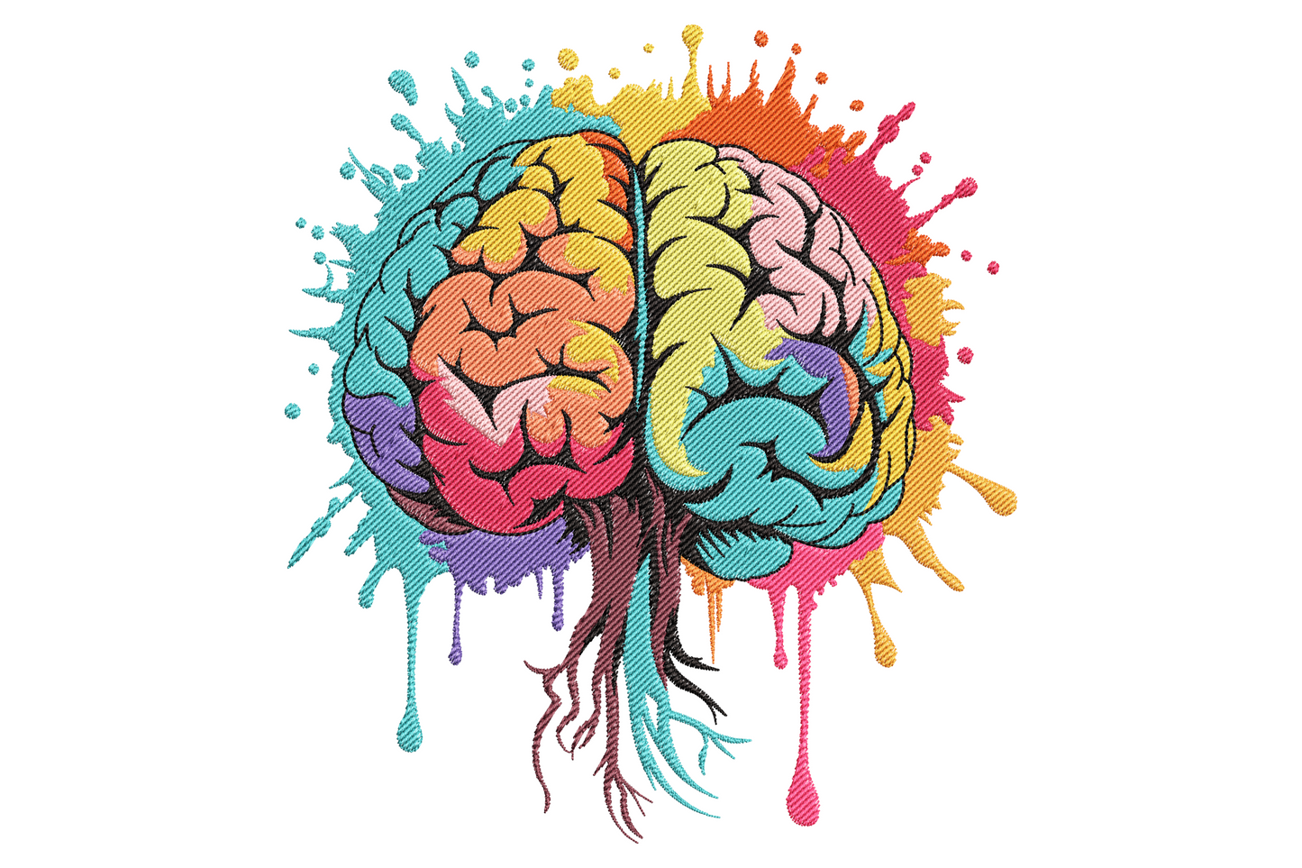 Creative mind embroidery design, colourful anatomical brain with paint splashes in teal, yellow, pink and orange, neural roots below.