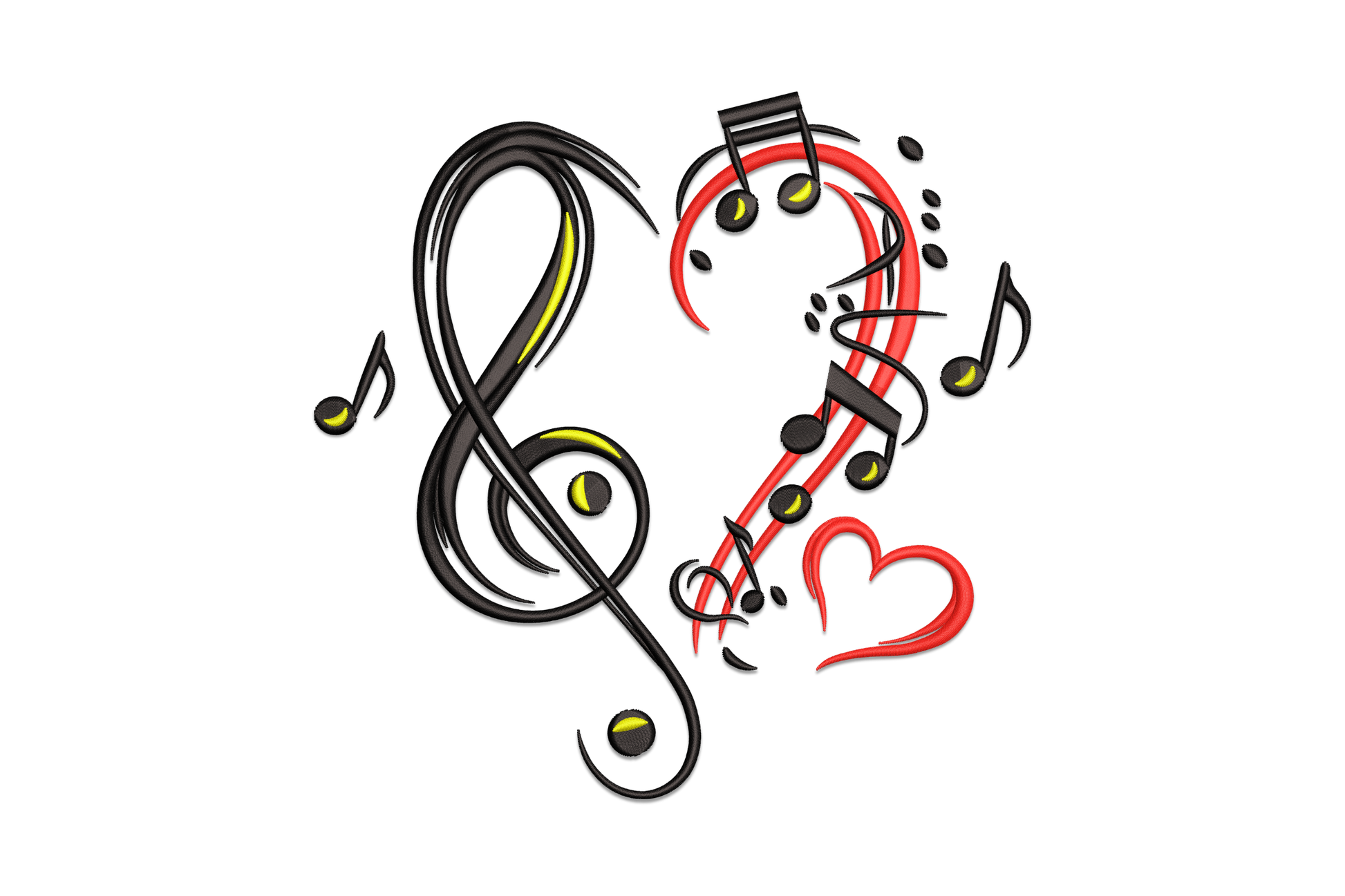 Music notes and heart combined embroidery design, staff lines curving into a heart shape, 3 colors on fabric
