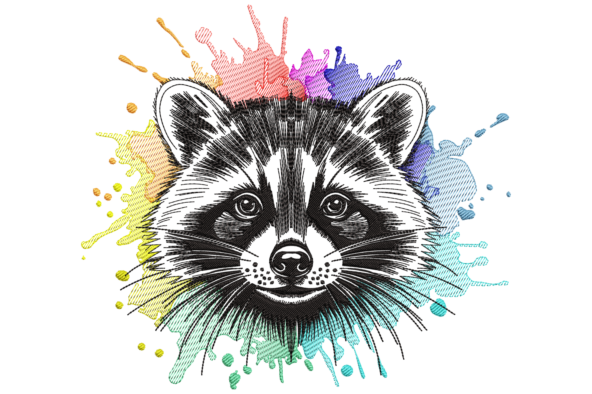 Creative raccoon face embroidery design with black and white markings surrounded by rainbow watercolour paint splashes in 13 colours.