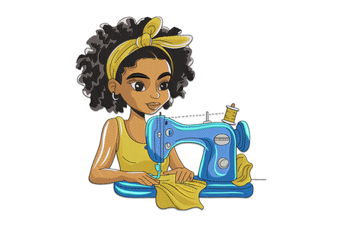 Creative sewing girl embroidery design with curly-haired woman at vintage teal sewing machine, 12 colour illustrated portrait.