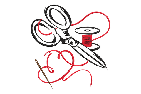 Sewing tools embroidery with sketchy tailor scissors, red bobbin spool, gold needle and loose curling red thread loops.