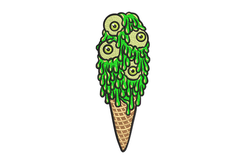 Creepy halloween ice cream cone embroidery design with green slime eyeball scoops dripping off a waffle cone, 8 colours