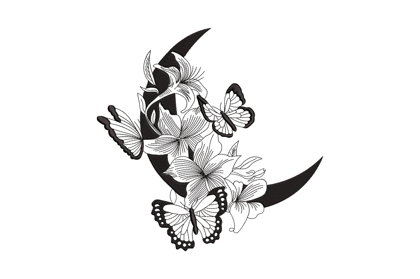 Crescent moon floral butterfly embroidery design, black moon with lily blooms and three butterflies in single-colour linework