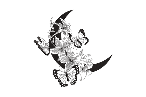 Crescent moon floral butterfly embroidery design, black moon with lily blooms and three butterflies in single-colour linework