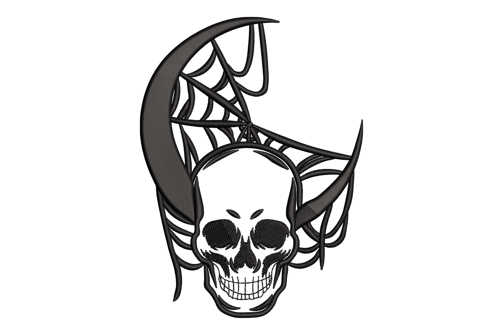 Crescent moon skull spiderweb Halloween embroidery, single colour horizontal graphic, 4 sizes 2.5 to 5.5 inches wide