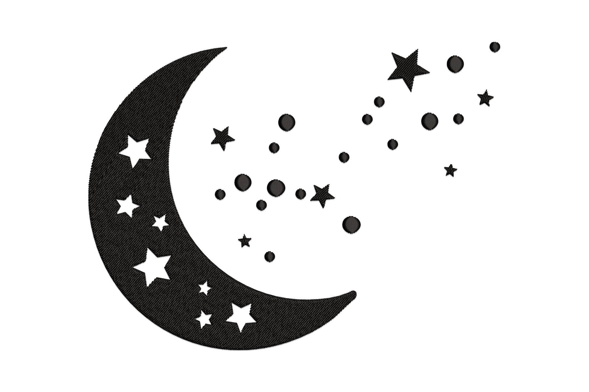 Crescent moon star embroidery design with a solid black moon, white star cutouts, and a loose constellation cluster of stars and dots above the top horn.