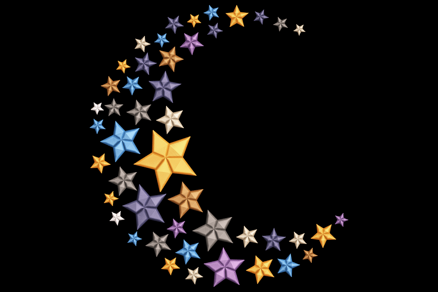 Crescent moon embroidery made from scattered five-pointed stars in purple, orange, grey, navy and blue
