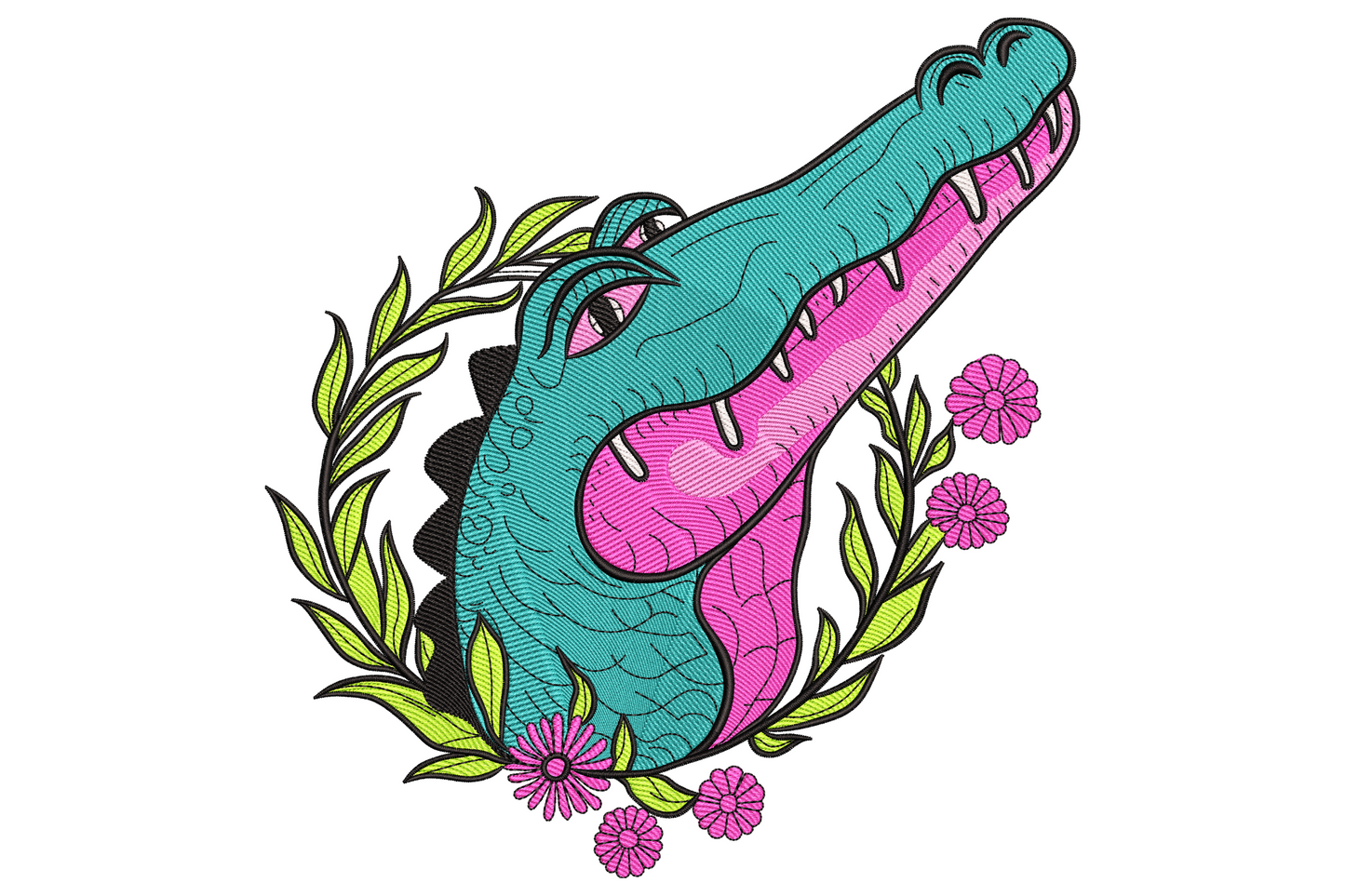 Pop-art crocodile head embroidery in teal and hot pink with green leaf wreath and pink daisies, bold black outlines