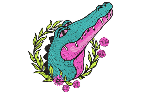 Pop-art crocodile head embroidery in teal and hot pink with green leaf wreath and pink daisies, bold black outlines