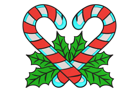 Crossed candy canes embroidery design in red white and aqua blue stripes forming heart with green holly leaves at base, stained glass style