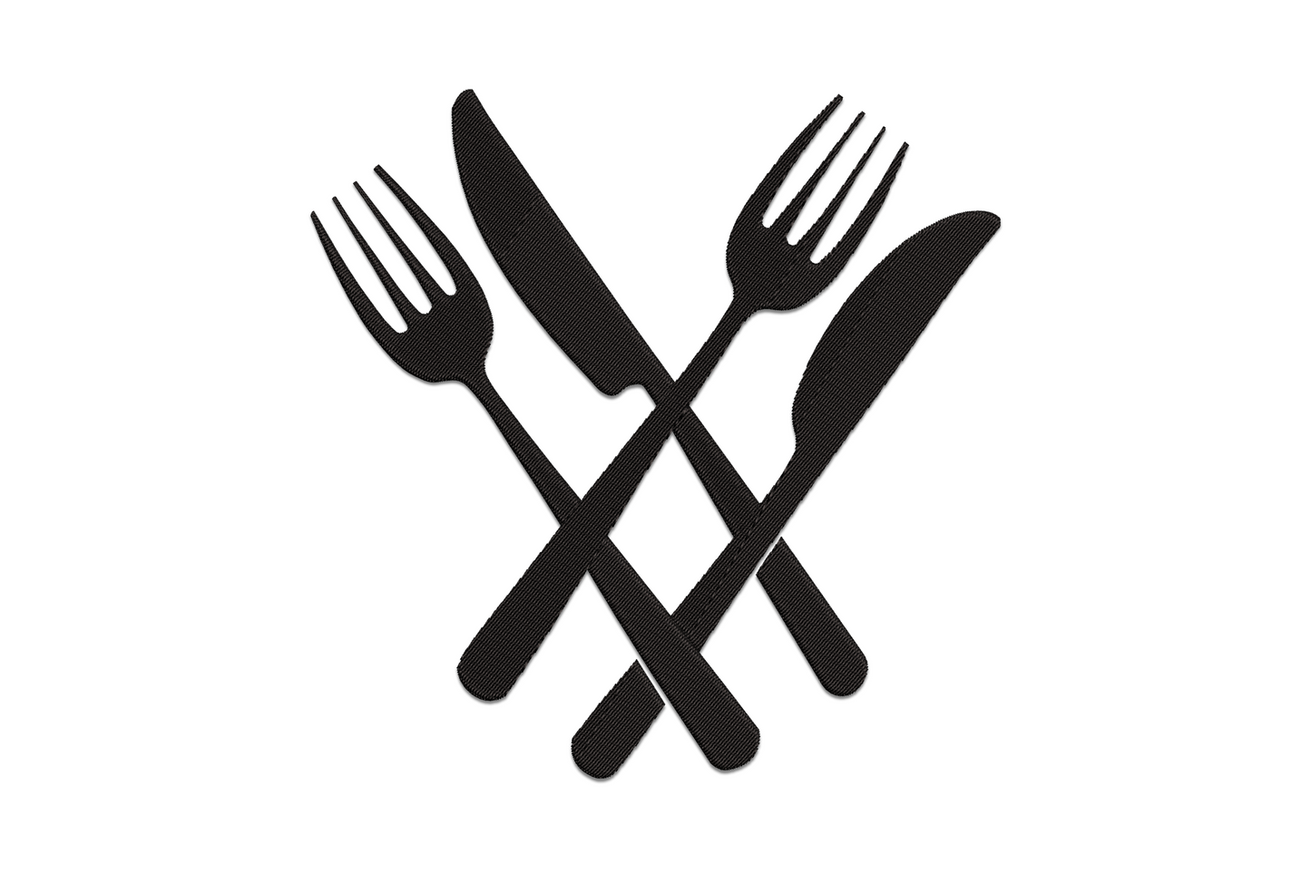 Crossed fork and knife embroidery design in single-colour outline satin stitch, clean kitchen icon style on white background