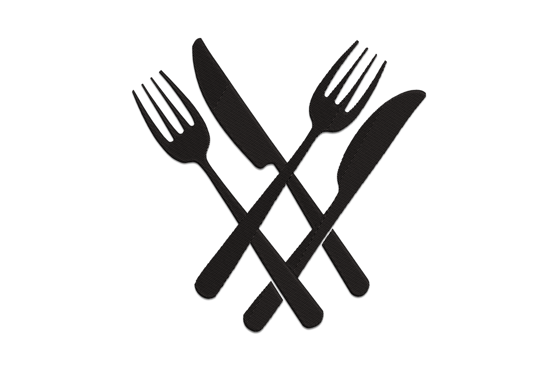 Crossed fork and knife embroidery design in single-colour outline satin stitch, clean kitchen icon style on white background