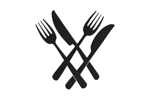 Crossed fork and knife embroidery design in single-colour outline satin stitch, clean kitchen icon style on white background