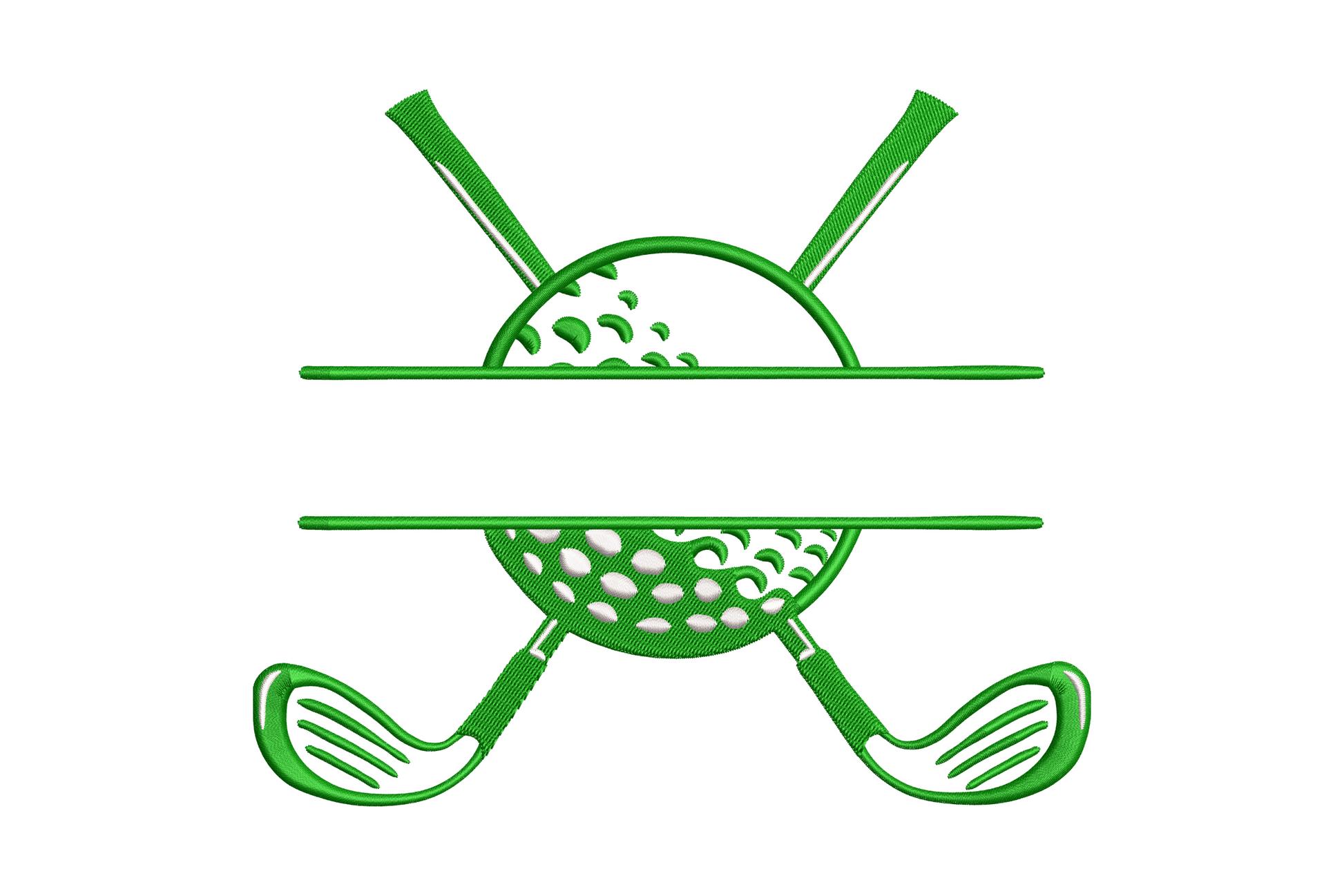 Crossed golf clubs frame embroidery design with two clubs in X formation inside a circular border in forest green and tan thread.