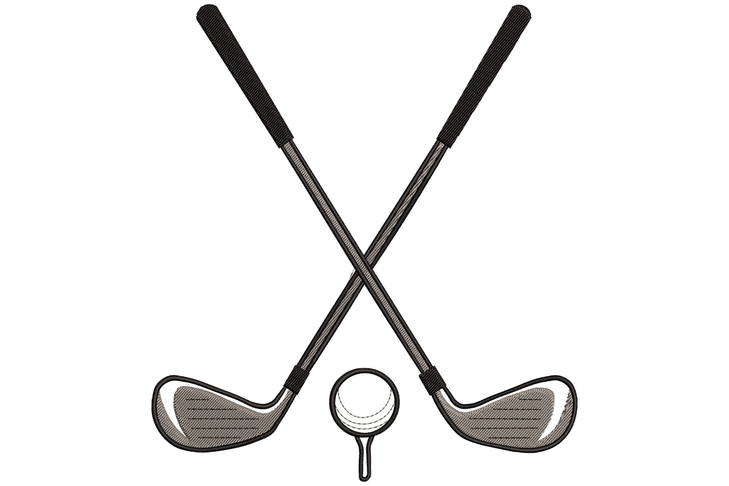 Two crossed golf clubs in charcoal black with a small white golf ball at the centre crossing point, bold graphic crest-style embroidery design.