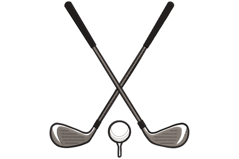 Two crossed golf clubs in charcoal black with a small white golf ball at the centre crossing point, bold graphic crest-style embroidery design.