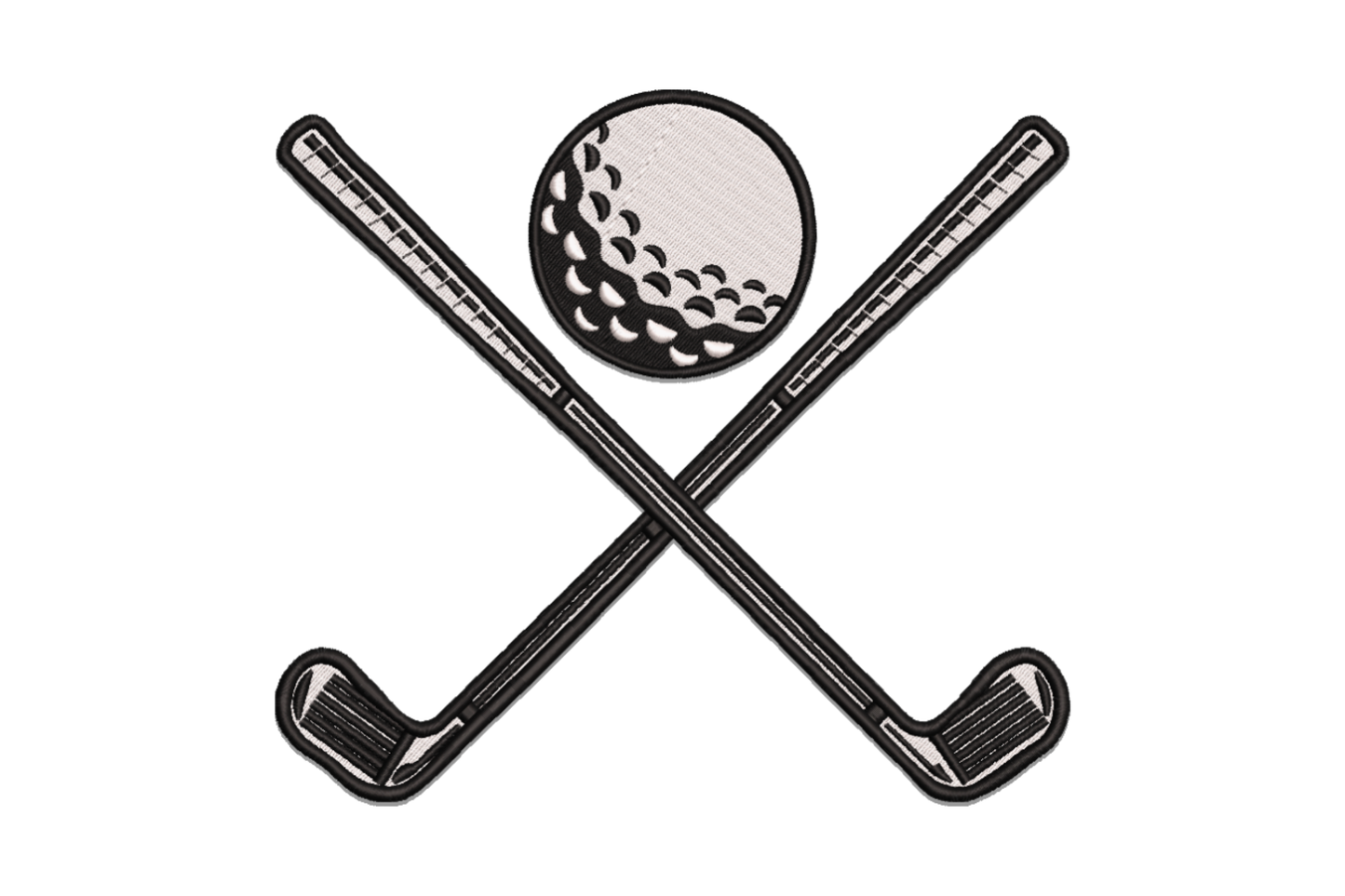Crossed golf clubs embroidery with dimpled ball above, two putters in saltire X, black and white country club emblem.