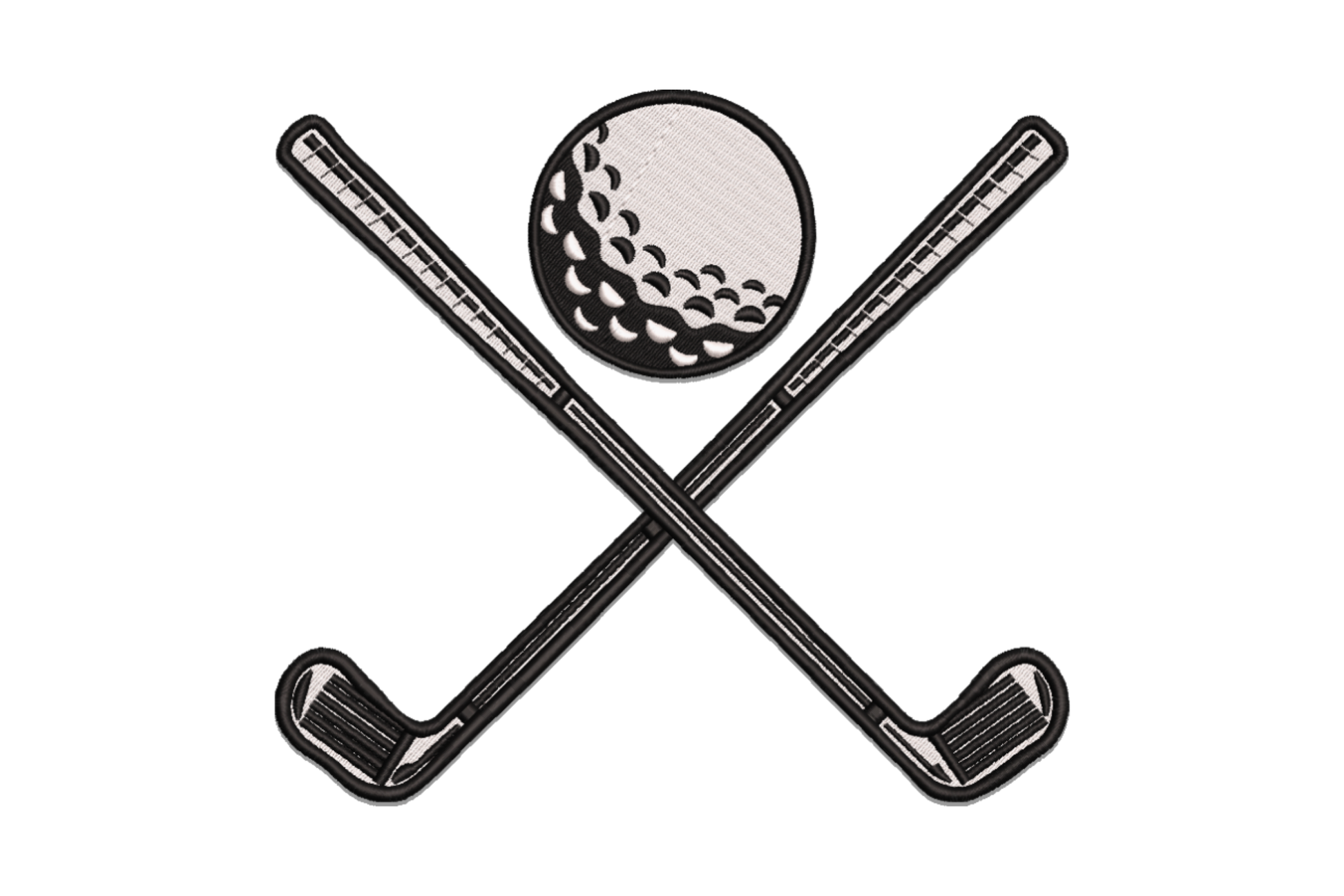 Crossed golf clubs embroidery with dimpled ball above, two putters in saltire X, black and white country club emblem.