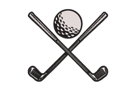 Crossed golf clubs embroidery with dimpled ball above, two putters in saltire X, black and white country club emblem.