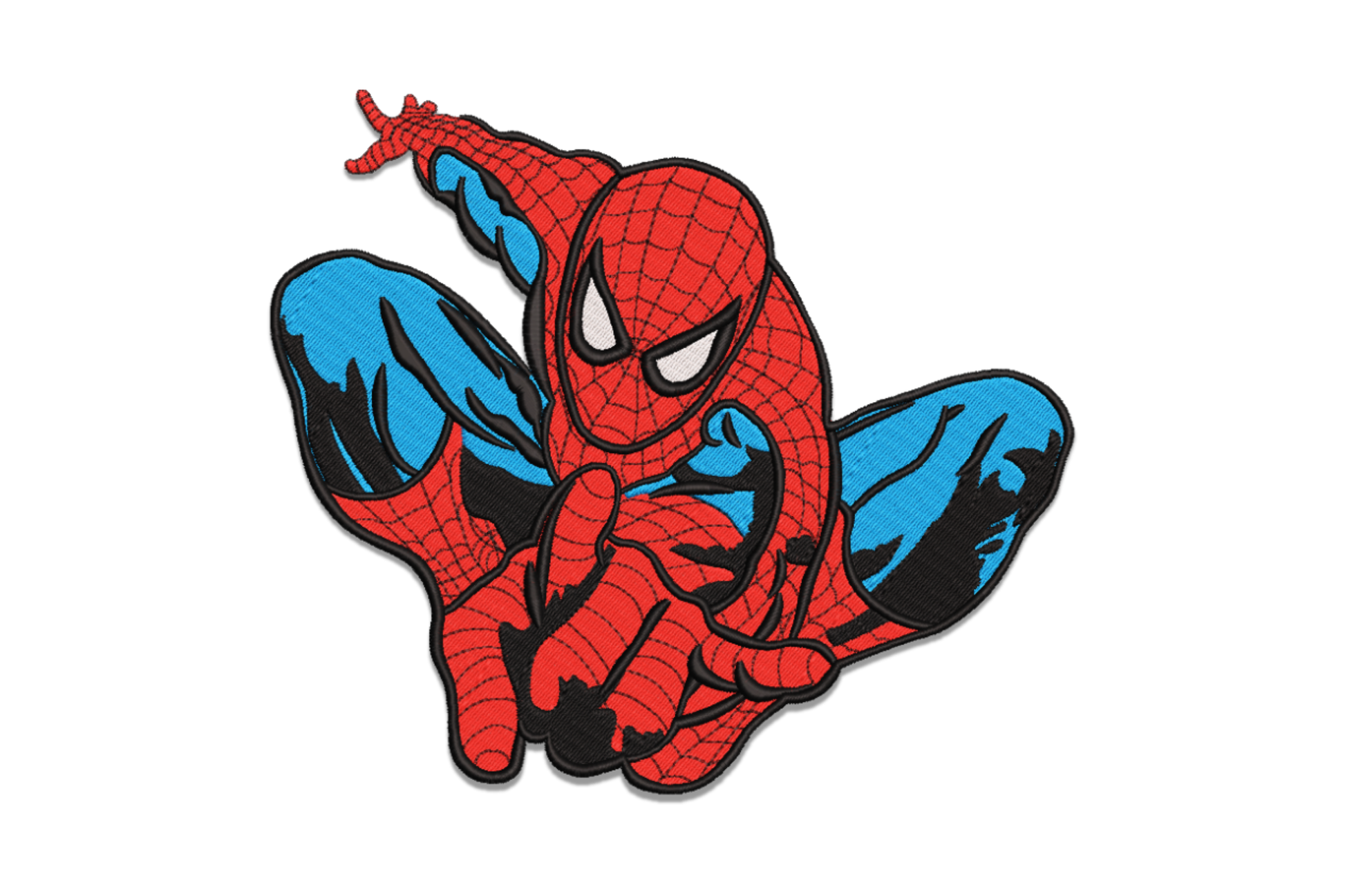 Crouching Spider-Man full body embroidery design, detailed comic style with web suit lines, 4 colours including red blue and black