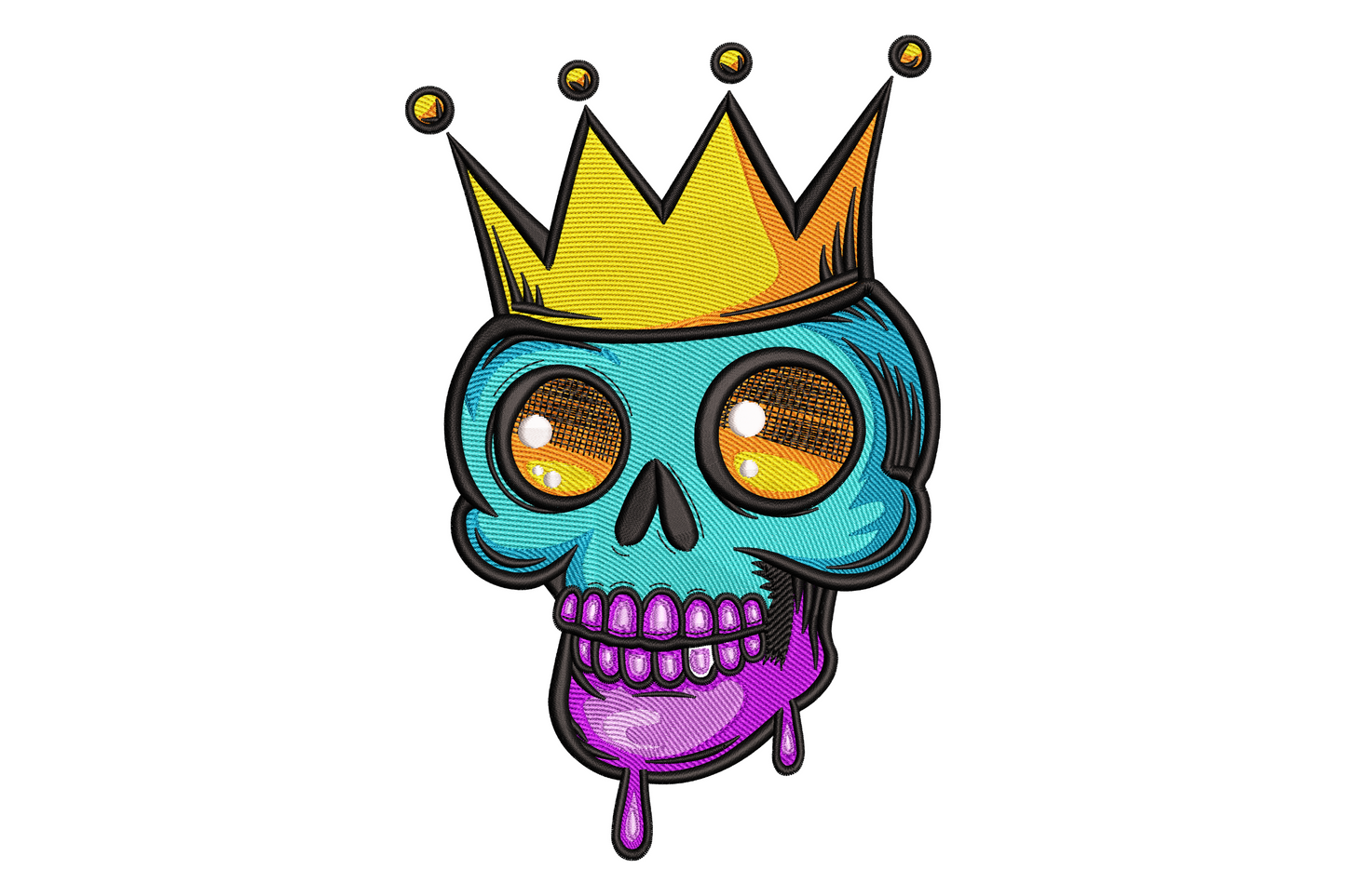 Crowned skull embroidery with white front facing skull tall gold five point crown and red blue jewel insets