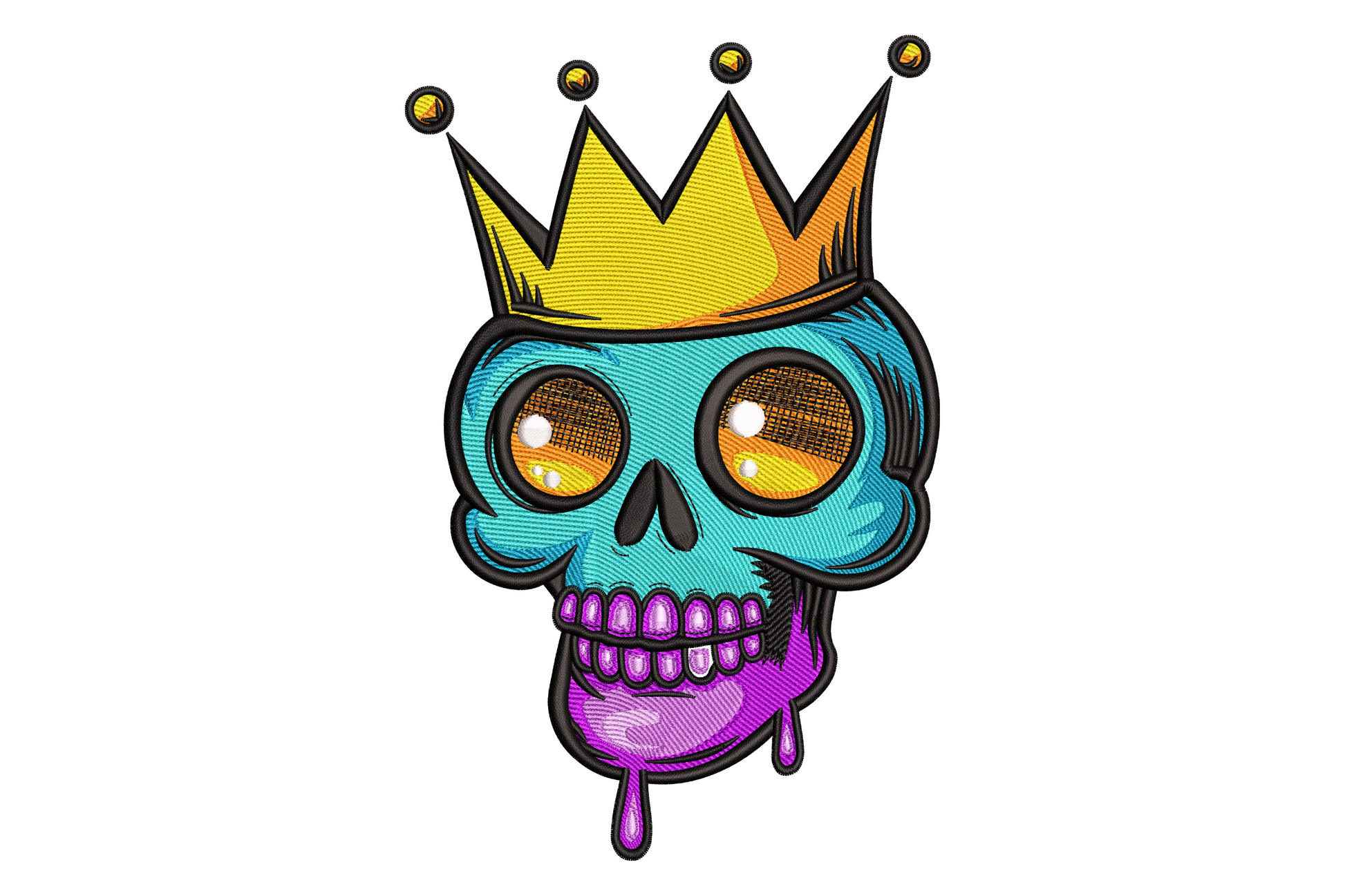 Crowned skull embroidery with white front facing skull tall gold five point crown and red blue jewel insets