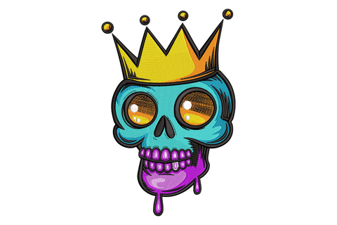 Crowned skull embroidery with white front facing skull tall gold five point crown and red blue jewel insets