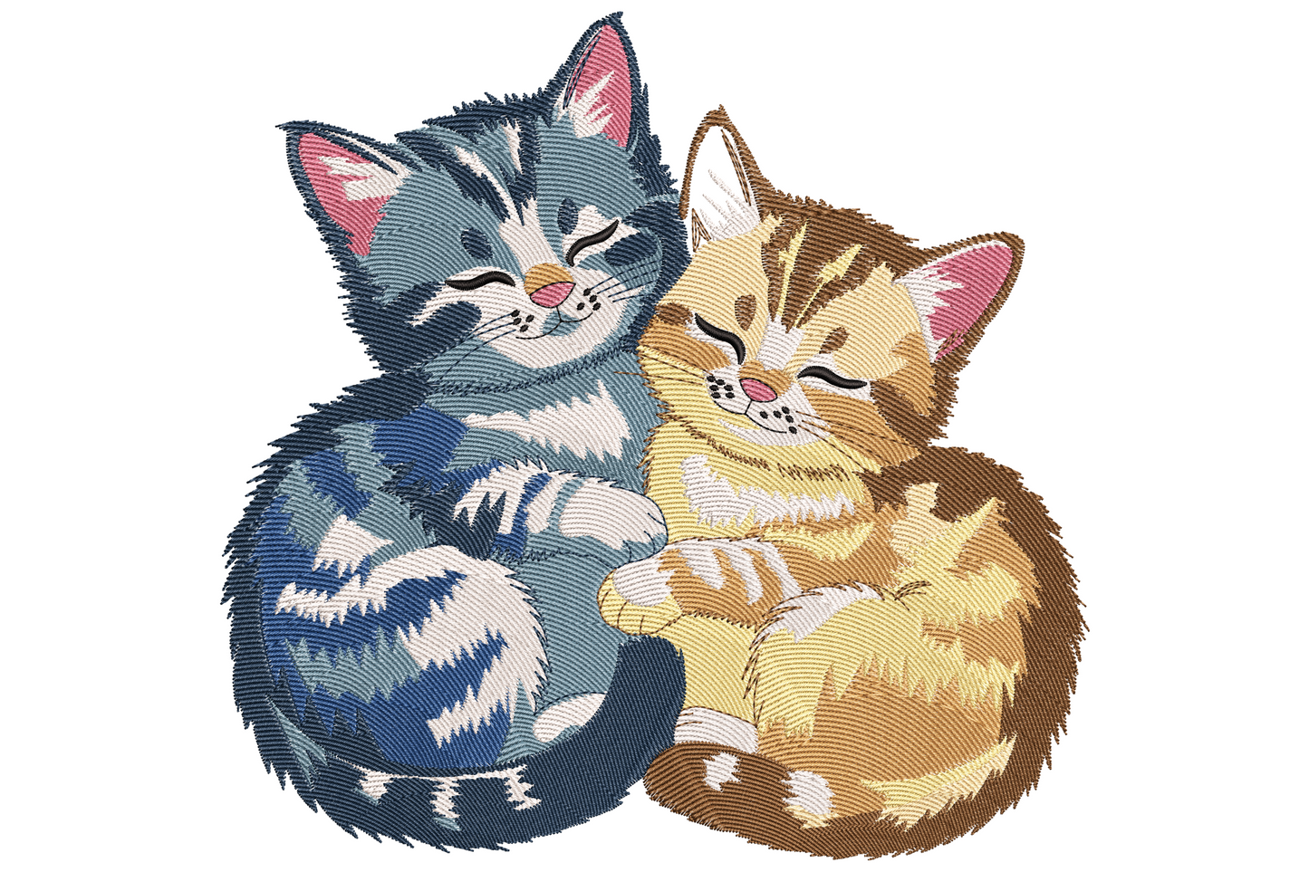 Two cuddling kittens embroidery design, grey-blue tabby and golden-brown tabby curled together sleeping, pink ears, half-closed eyes, dense directional fur fill.