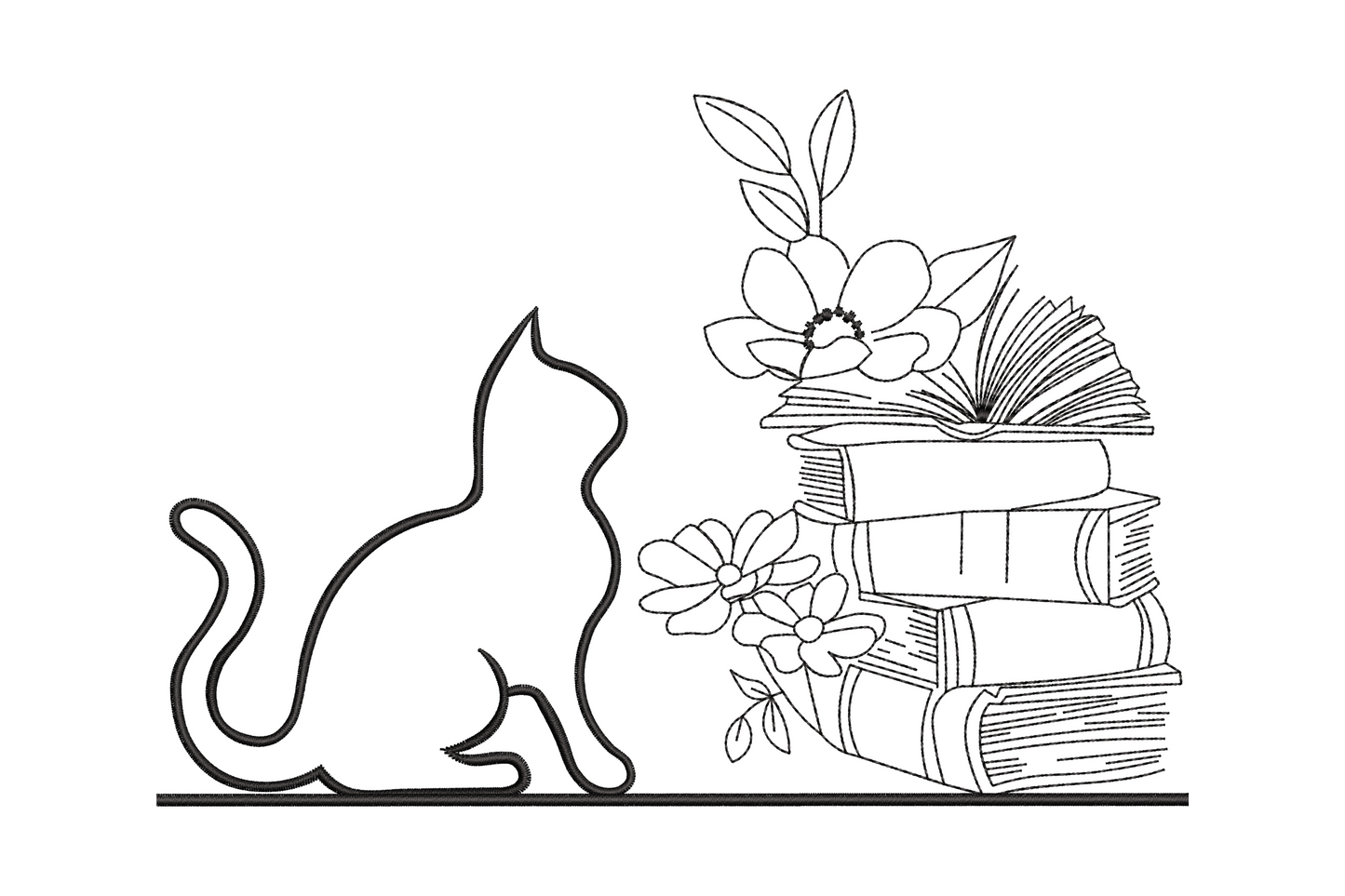 Line art cat silhouette sitting beside a stack of flower-topped books, single colour outline embroidery design
