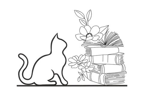 Line art cat silhouette sitting beside a stack of flower-topped books, single colour outline embroidery design