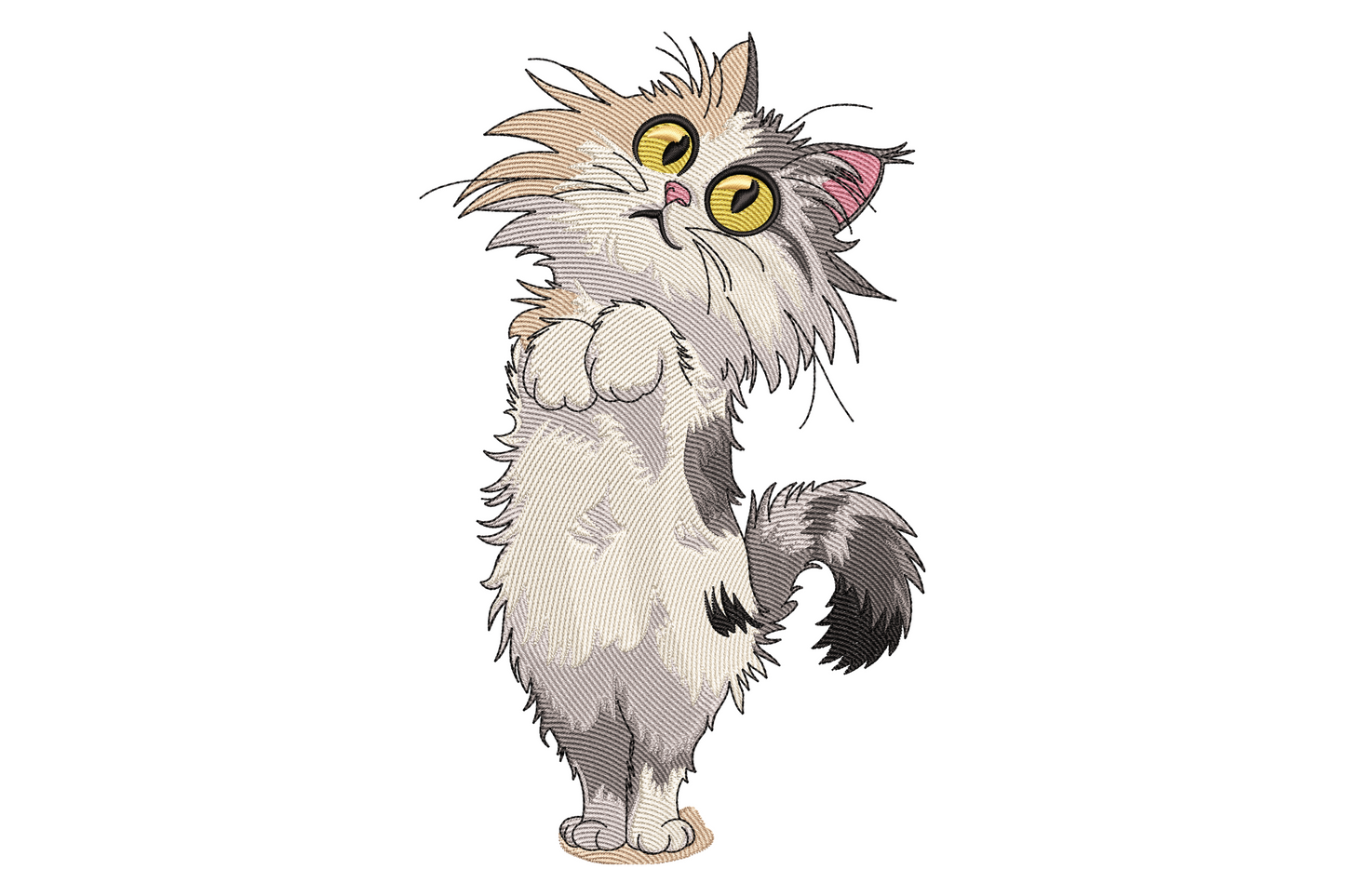 Curious fluffy long-hair cat embroidery design, standing upright with paw raised, grey and white coat, golden eye, 9 colors.
