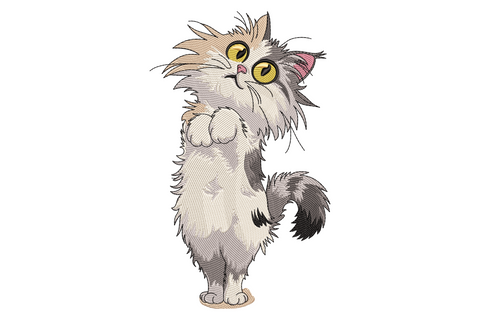 Curious fluffy long-hair cat embroidery design, standing upright with paw raised, grey and white coat, golden eye, 9 colors.