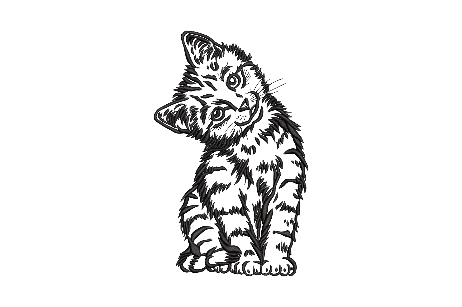Curious kitten embroidery with head tilt and wide eyes, detailed blackwork illustration, single black colour, fluffy striped fur
