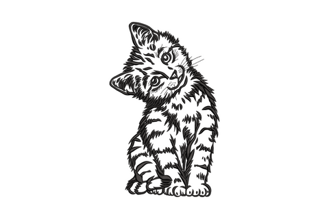 Curious kitten embroidery with head tilt and wide eyes, detailed blackwork illustration, single black colour, fluffy striped fur