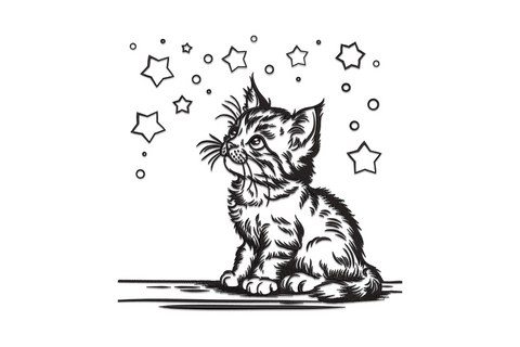 Curious kitten kawaii embroidery design, round body with wide upward-tilted eyes and five-point stars floating overhead.