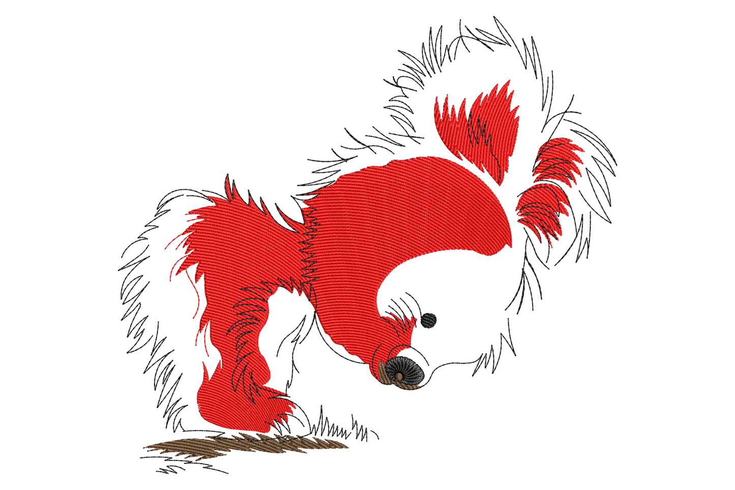 Fluffy red and white puppy bent down sniffing the ground with feathered long coat brown nose embroidery in cartoon style