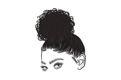 Curly bun woman face line art portrait embroidery design in single black thread