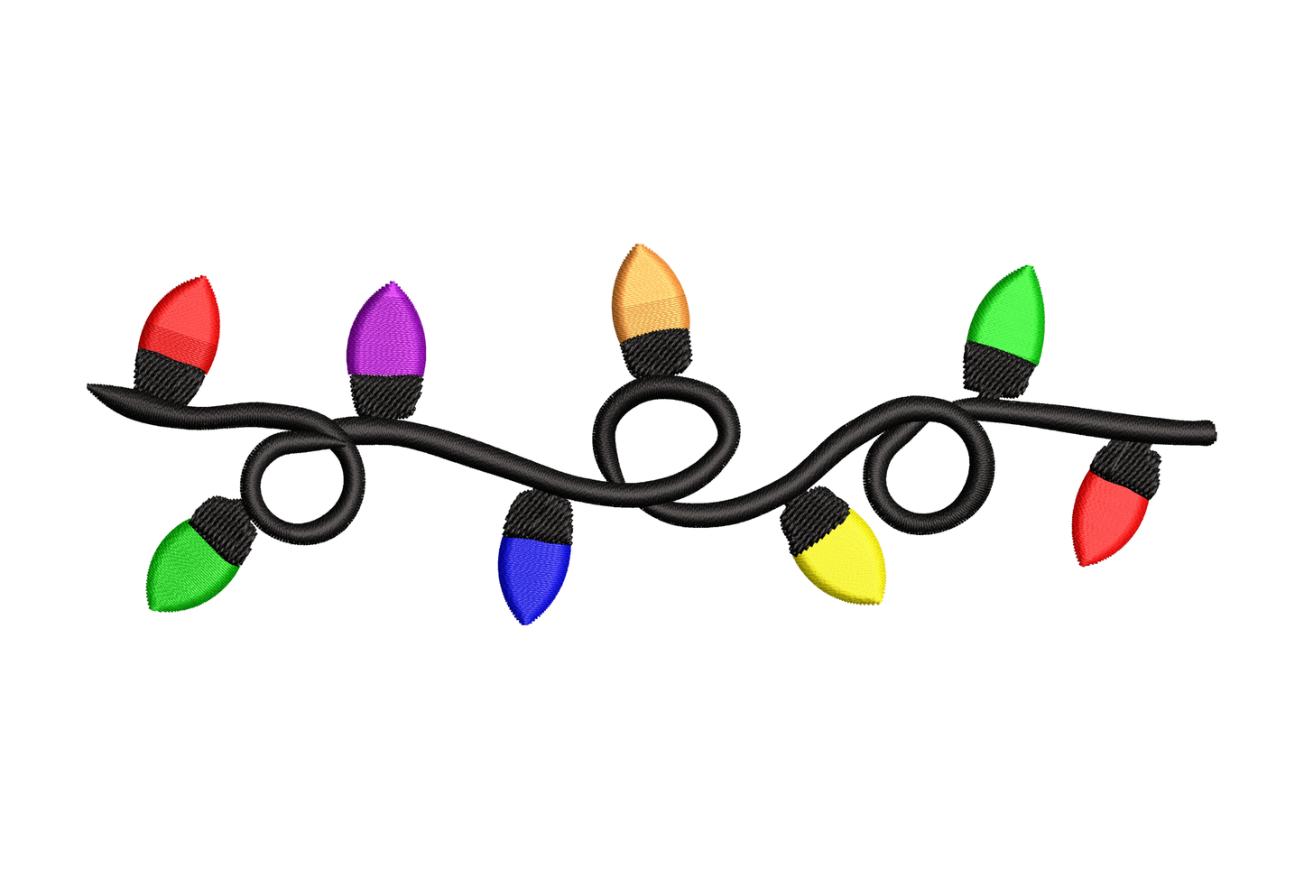 Curly Christmas lights border embroidery, 8 coloured bulbs on a loop-swirl cord in red purple orange blue green yellow