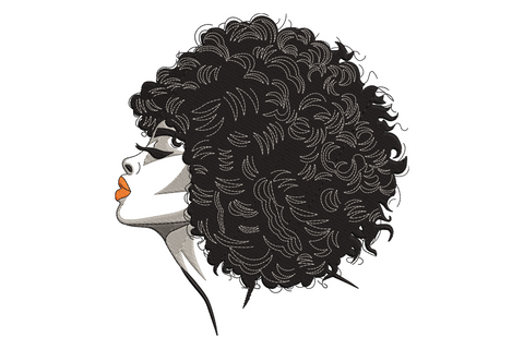 Curly natural hair black woman profile embroidery, large afro silhouette with dense satin curl stitches and editorial portrait style, 5 colours