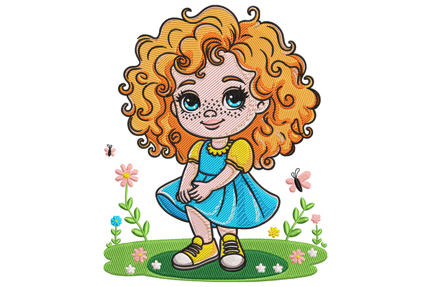 Curly hair girl embroidery design with bouncy dark curls, warm caramel skin, pink dress, blush cheeks and big dark eyes for kids and nursery items.