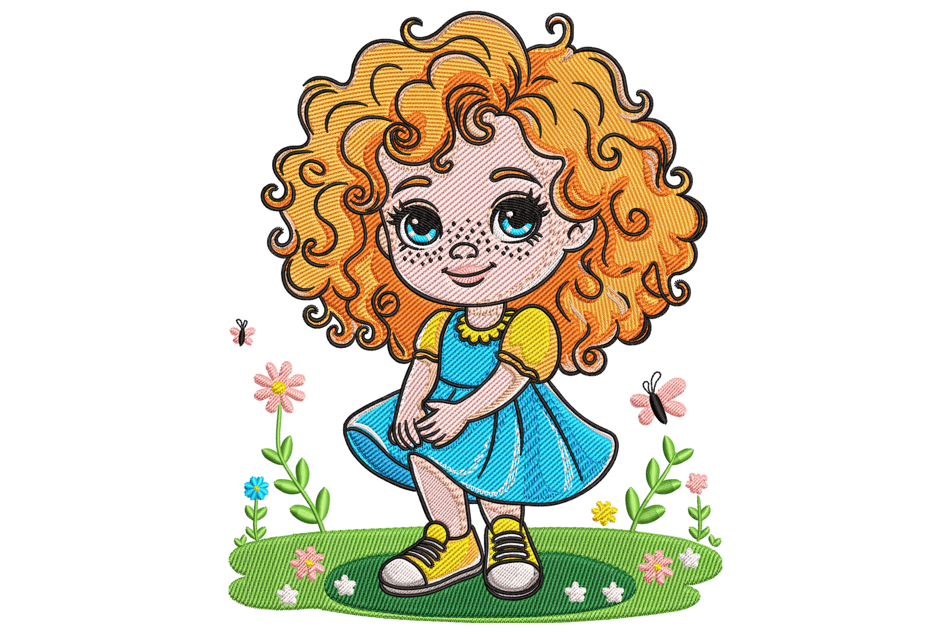 Curly hair girl embroidery design with bouncy dark curls, warm caramel skin, pink dress, blush cheeks and big dark eyes for kids and nursery items.